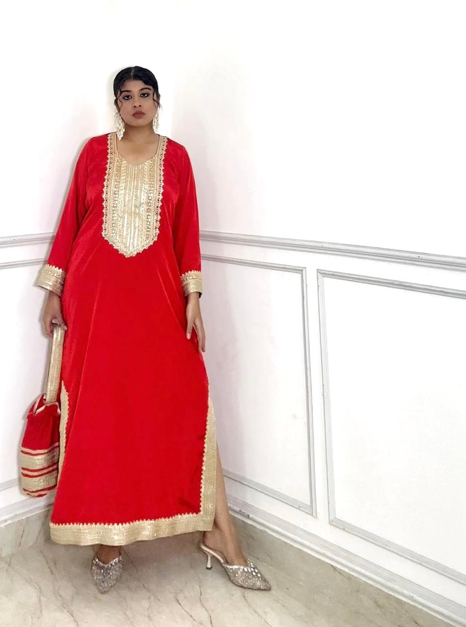 festive red tunic kaftan with potli