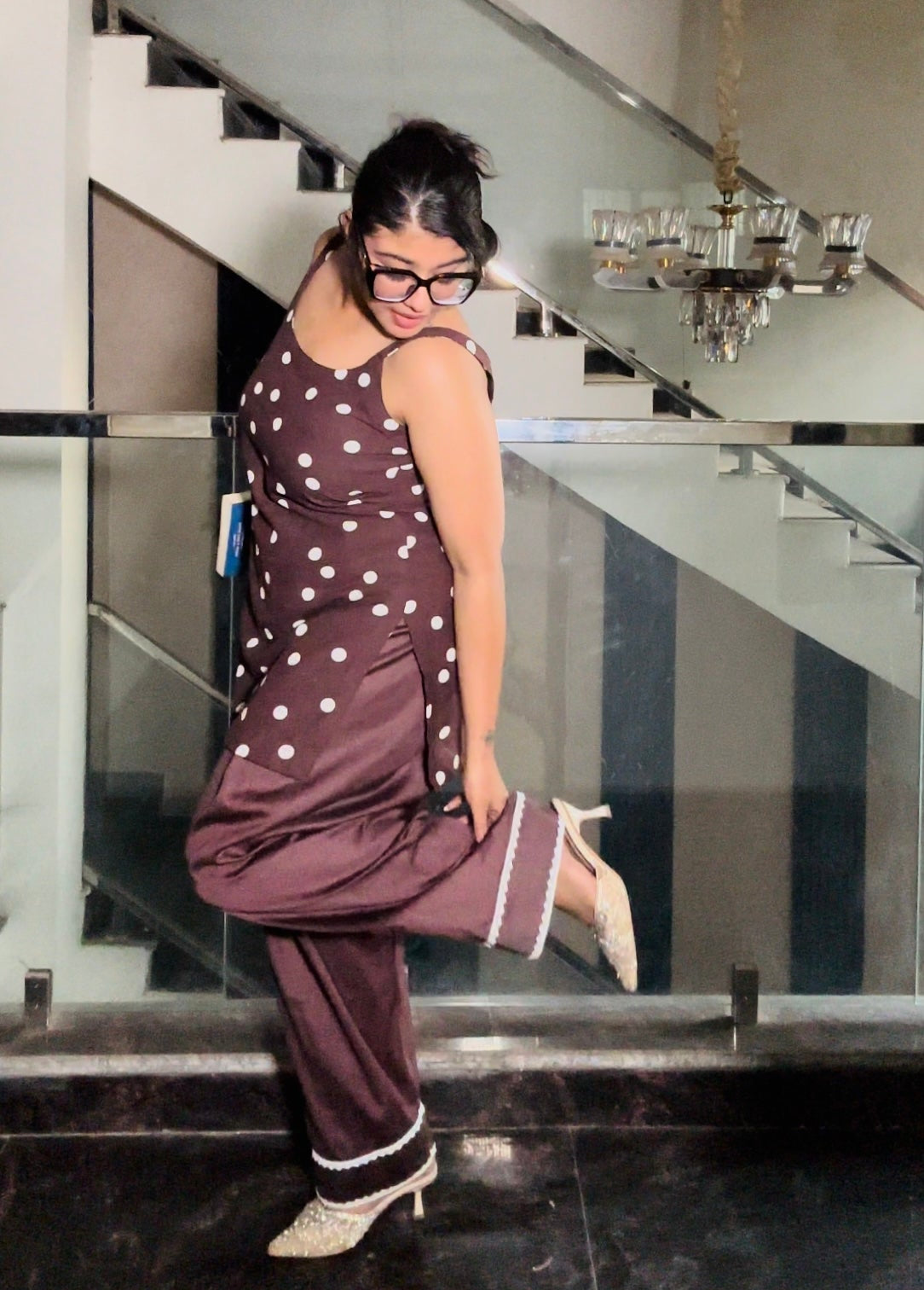 mocha polka farshi salwar co-ord set