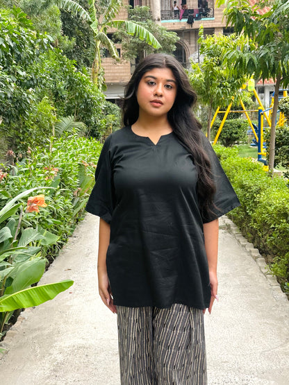 black kurti with striped farshi salwar