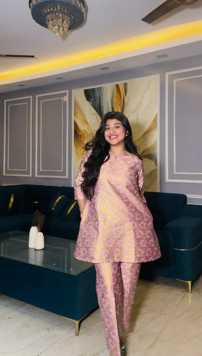 aura peach broacade co-ord set