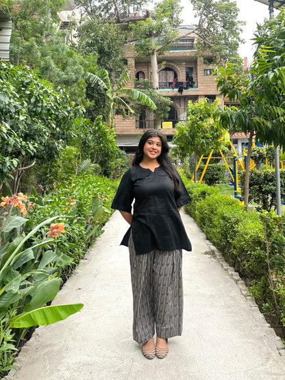 black kurti with striped farshi salwar