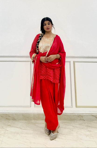 rubani red bandhani silk suit set