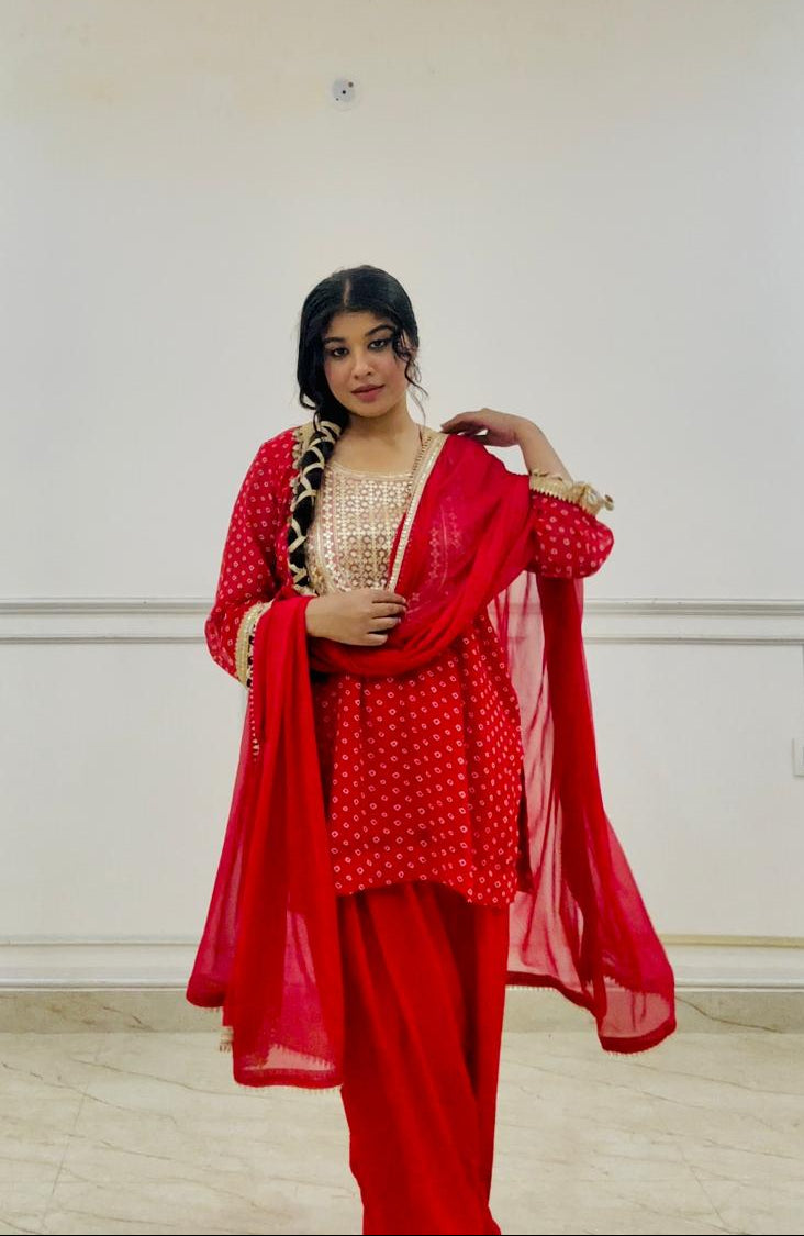 rubani red bandhani silk suit set