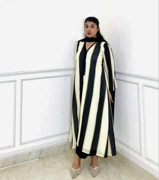 monochrome striped a-line suit