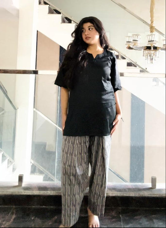 black kurti with striped farshi salwar