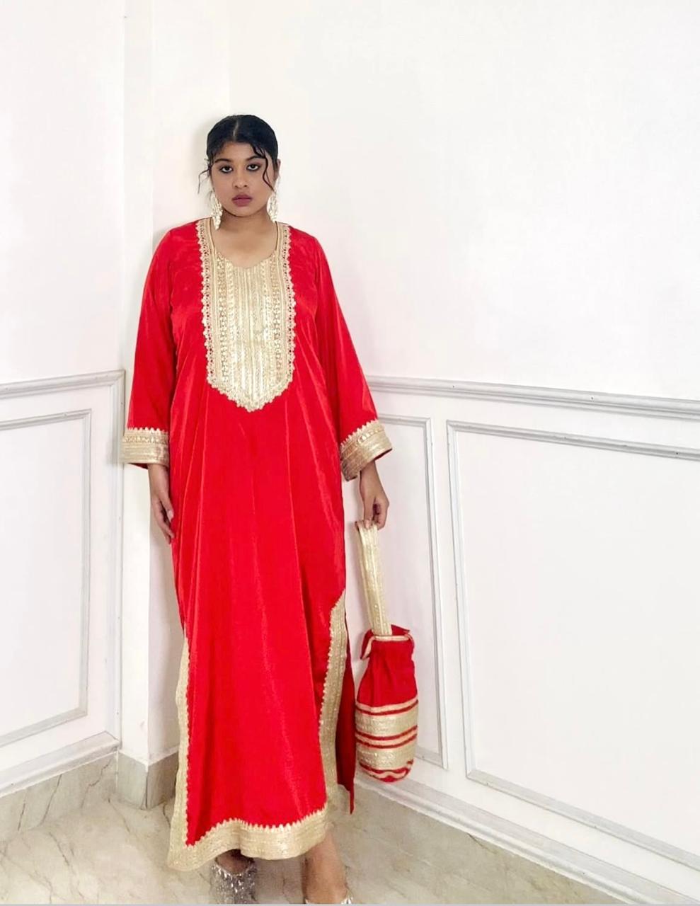 festive red tunic kaftan with potli