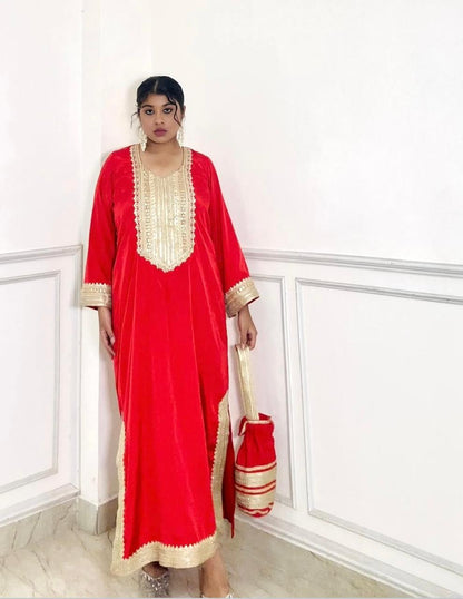 festive red tunic kaftan with potli