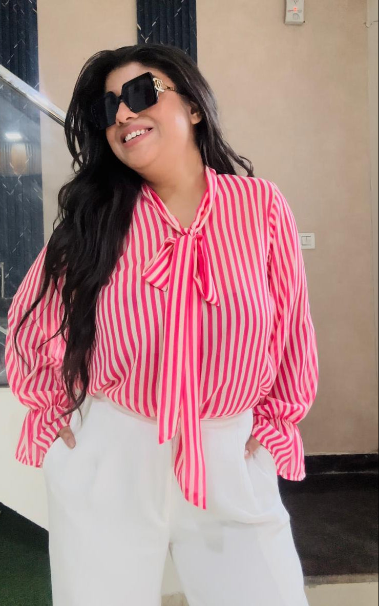 pink striped bow tie top