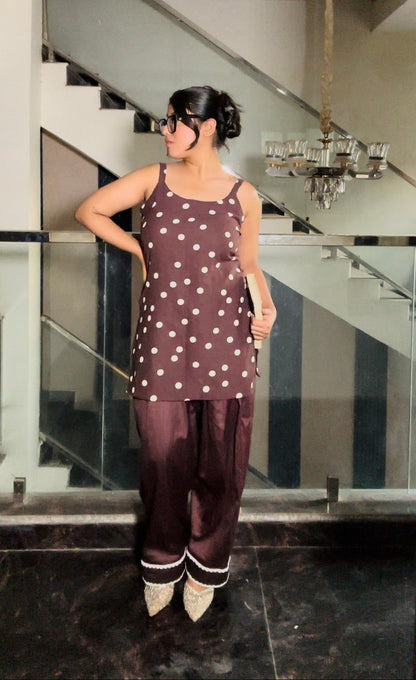 mocha polka farshi salwar co-ord set