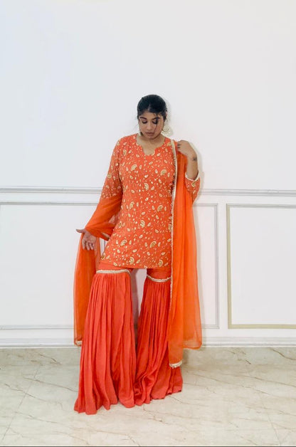 zard-e-noor-vibrant orange handwork sharara set