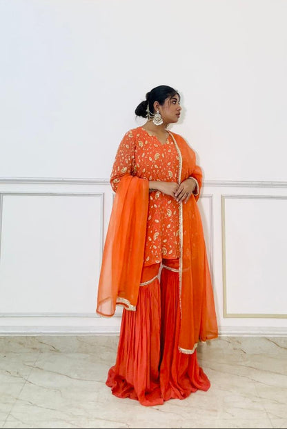 zard-e-noor-vibrant orange handwork sharara set