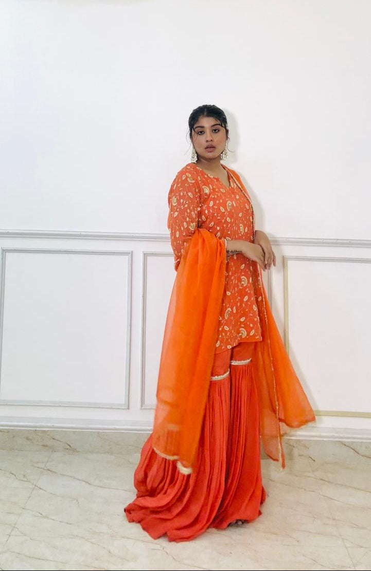 zard-e-noor-vibrant orange handwork sharara set