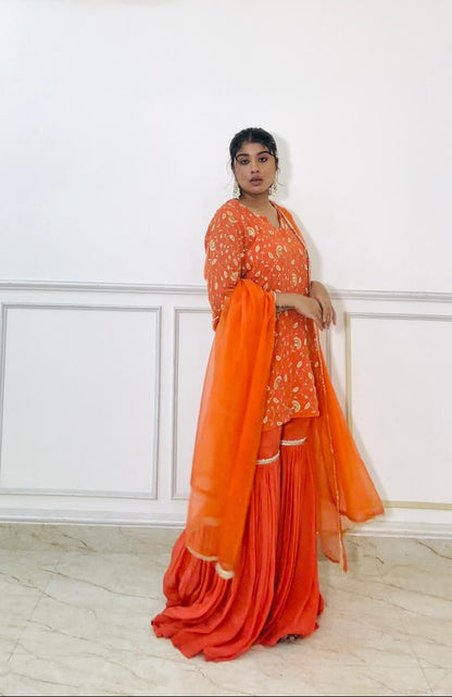 zard-e-noor-vibrant orange handwork sharara set