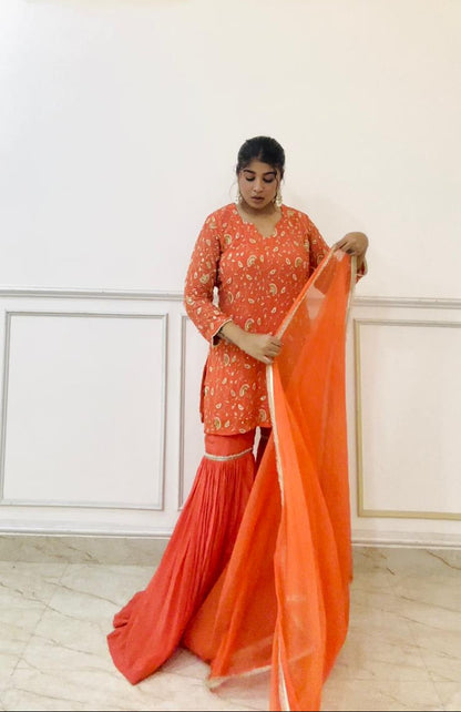 zard-e-noor-vibrant orange handwork sharara set