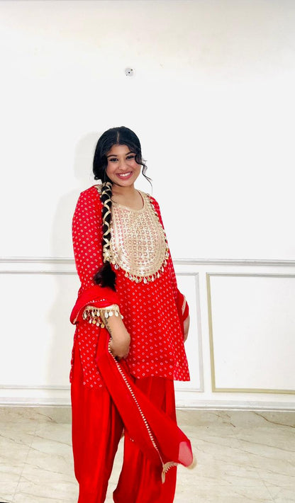 rubani red bandhani silk suit set